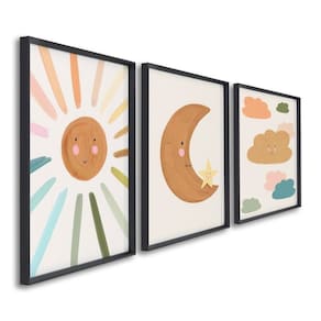 Quadro Decorativo Infantil Sol Lua e Nuvens com 3 Telas de Parede para Quarto Sala Brinquedoteca 60c Preto