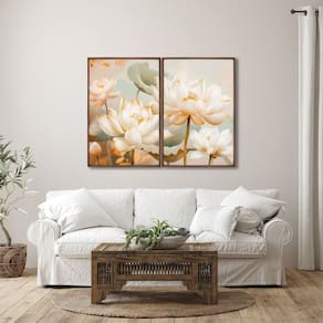 Quadro Decorativo Floral Flor de Lótus com 2 Telas de Parede para Sala Quarto Escritório 60cm X 90cm Marrom