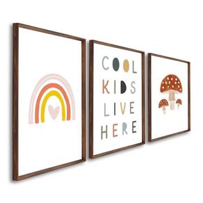 Quadro Decorativo Infantil Crianças Sol e Arco Íris com 3 Telas Cm de Parede para Quarto Sala Brinqu Marrom