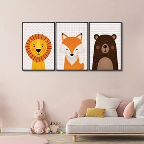 Quadro Decorativo Infantil Amigos da Selva com 3 Telas de Parede para Quarto Sala Brinquedoteca 60cm Marrom