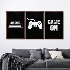 Quadro Decorativo Game On com 3 Telas de Parede para Sala Quarto Escritório 60cm X 90cm Marrom