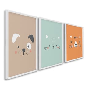 Quadro Infantil Decorativo Rostinhos do Bem Gato Cachorro Tigre com 3 Telas Cm de Parede para Quarto Branco