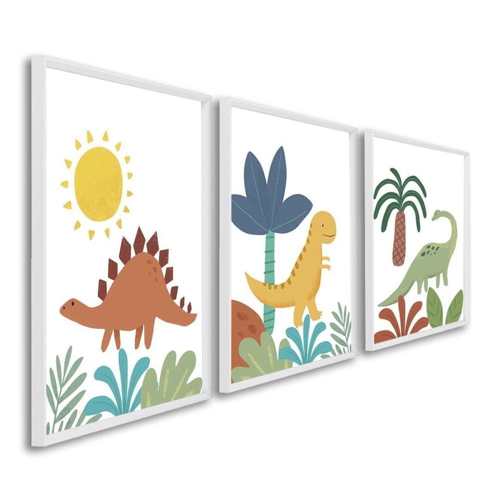 Quadro Decorativo Infantil Dinossauros com 3 Telas de Parede para Quarto Sala Brinquedoteca 60cm X 9 Branco