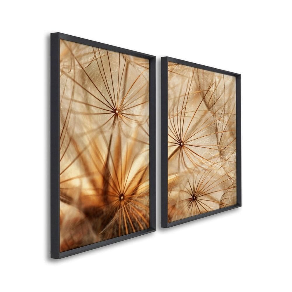 Quadro Decorativo Dente de Leão Marrom com 2 Telas de Parede para Sala Quarto Escritório 60cm X 90cm Preto