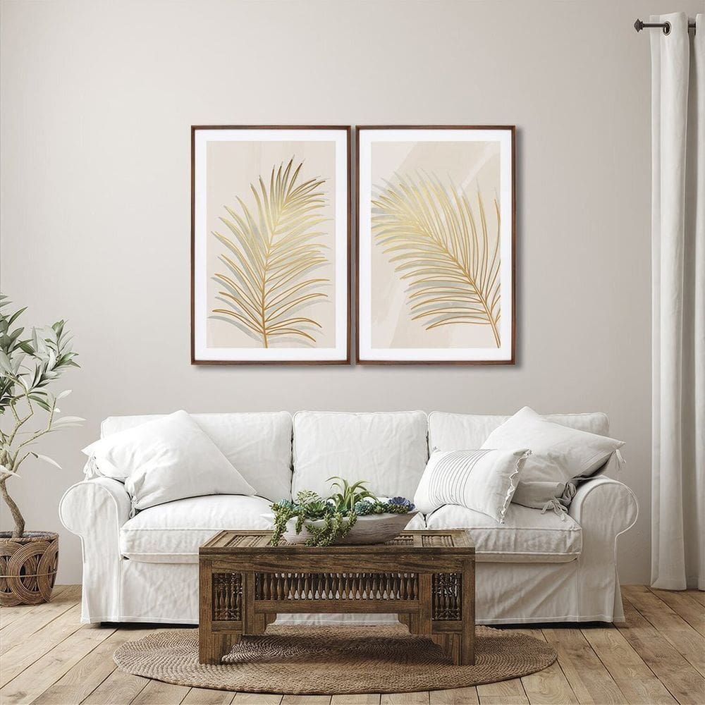 Quadro Decorativo Modelo Folha Dourada com 2 Telas para Sala, Quarto, Escritório 60cm X 90cm Marrom