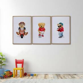 Quadro Decorativo Infantil Ursinhos Estilosos com 3 Telas de Parede para Quarto Sala Brinquedoteca 6 Branco