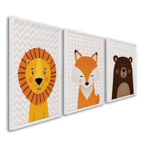Quadro Decorativo Infantil Amigos da Selva com 3 Telas de Parede para Quarto Sala Brinquedoteca 60cm Branco