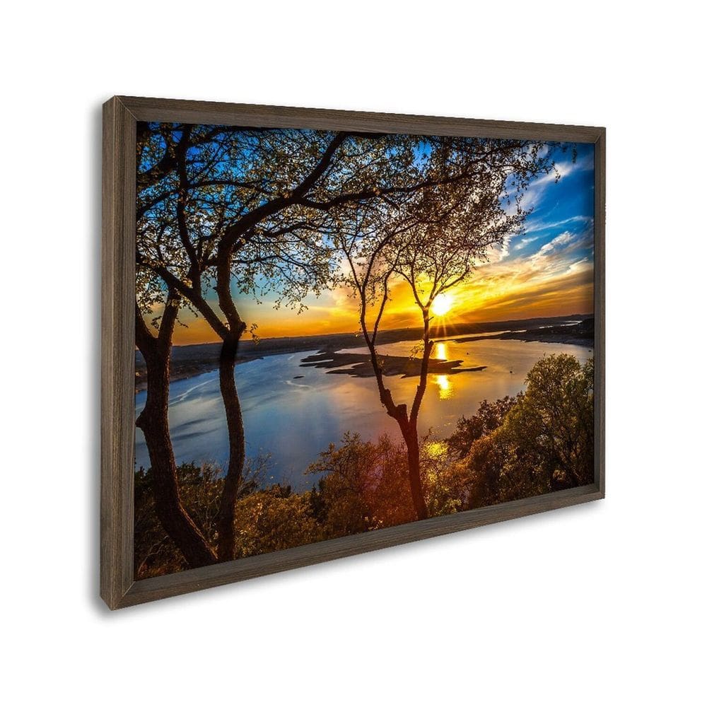 Quadro Decorativo Paisagem Lago com Árvores e Pôr do Sol com 1 Tela Cm ou Cm de Parede para Sala Qua Marrom