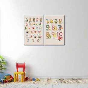 Quadro Decorativo Alfabeto Didático Infantil com 2 Telas de Parede para Quarto Sala Brinquedoteca 60 Branco