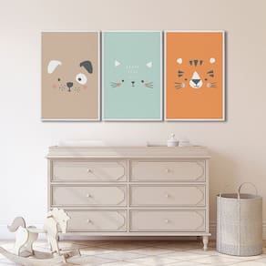 Quadro Infantil Decorativo Rostinhos do Bem Gato Cachorro Tigre com 3 Telas Cm de Parede para Quarto Branco