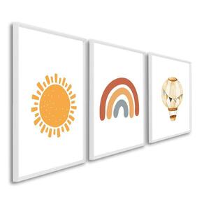 Quadro Decorativo Infantil Sol Balão e Arco Íris com 3 Telas Cm de Parede para Quarto Sala Brinquedo Branco