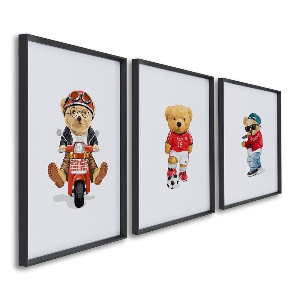 Quadro Decorativo Infantil Ursinhos Estilosos com 3 Telas de Parede para Quarto Sala Brinquedoteca 6 Preto