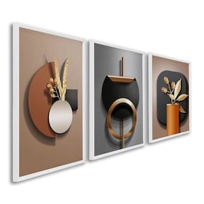 Quadro Decorativo Geométrico Abstrato Marrom com 3 Telas de Parede para Sala Quarto Escritório 60cm Branco