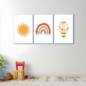 Quadro Decorativo Infantil Sol Balão e Arco Íris com 3 Telas Cm de Parede para Quarto Sala Brinquedo Branco