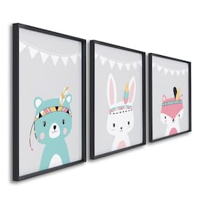 Quadro Decorativo Amigos da Natureza Infantil com 3 Telas Cm de Parede para Quarto Sala Brinquedotec Preto