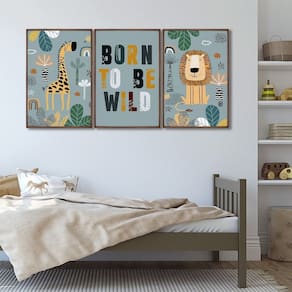 Quadro Decorativo Infantil Pequenos Selvagens com 3 Telas de Parede para Quarto Sala Brinquedoteca 6 Marrom
