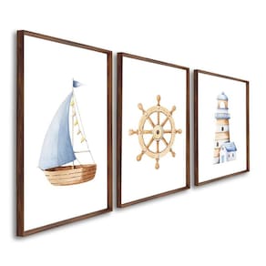 Quadro Decorativo Mar de Aventuras Infantil com Navio e Farol com 3 Telas de Parede para Quarto Sala Marrom