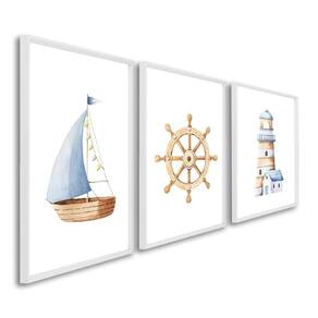 Quadro Decorativo Mar de Aventuras Infantil com Navio e Farol com 3 Telas de Parede para Quarto Sala Branco