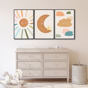 Quadro Decorativo Infantil Sol Lua e Nuvens com 3 Telas de Parede para Quarto Sala Brinquedoteca 60c Preto