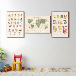 Quadro Decorativo Infantil Conjunto Didático Alfabeto e Mapa Mundi com 3 Telas de Parede para Quarto Marrom