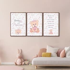 Quadro Infantil Decorativo Sonhe Alto Princesa com 3 Telas de Parede para Quarto Sala Brinquedoteca Marrom