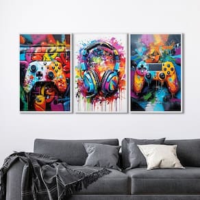 Quadro Decorativo Vídeo Game Modelo Gamer com 3 Telas de Parede para Sala Quarto Escritório 60cm X 9 Branco
