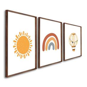 Quadro Decorativo Infantil Sol Balão e Arco Íris com 3 Telas Cm de Parede para Quarto Sala Brinquedo Marrom