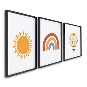 Quadro Decorativo Infantil Sol Balão e Arco Íris com 3 Telas Cm de Parede para Quarto Sala Brinquedo Preto