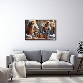 Quadro Decorativo Leão e Tigre Jogo de Xadrez com 1 Tela Cm ou Cm de Parede para Sala Hall Igreja 60 Preto