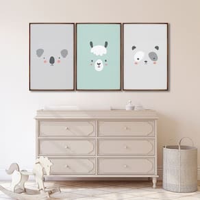 Quadro Infantil Decorativo Rostinhos do Bem Coala Panda Lhama com 3 Telas Cm de Parede para Quarto S Marrom
