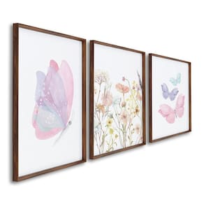 Quadro Infantil Decorativo Flores e Borboletas com 3 Telas Cm de Parede para Quarto Sala Brinquedote Marrom
