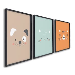 Quadro Infantil Decorativo Rostinhos do Bem Gato Cachorro Tigre com 3 Telas Cm de Parede para Quarto Preto