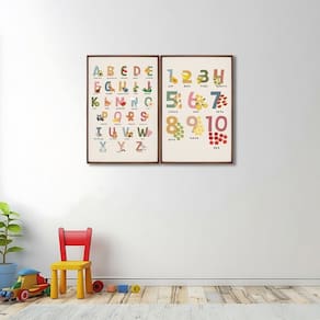 Quadro Decorativo Alfabeto Didático Infantil com 2 Telas de Parede para Quarto Sala Brinquedoteca 60 Marrom