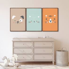Quadro Infantil Decorativo Rostinhos do Bem Gato Cachorro Tigre com 3 Telas Cm de Parede para Quarto Marrom