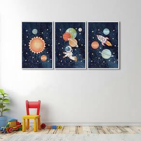 Quadro Decorativo Infantil Aventura Espacial com 3 Telas Cm de Parede para Escola Maternidade Brinqu Branco