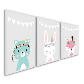 Quadro Decorativo Amigos da Natureza Infantil com 3 Telas Cm de Parede para Quarto Sala Brinquedotec Branco