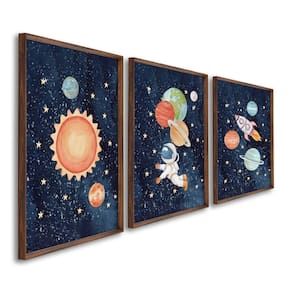 Quadro Decorativo Infantil Aventura Espacial com 3 Telas Cm de Parede para Escola Maternidade Brinqu Marrom