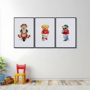Quadro Decorativo Infantil Ursinhos Estilosos com 3 Telas de Parede para Quarto Sala Brinquedoteca 6 Preto