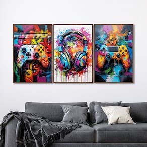Quadro Decorativo Vídeo Game Modelo Gamer com 3 Telas de Parede para Sala Quarto Escritório 60cm X 9 Marrom