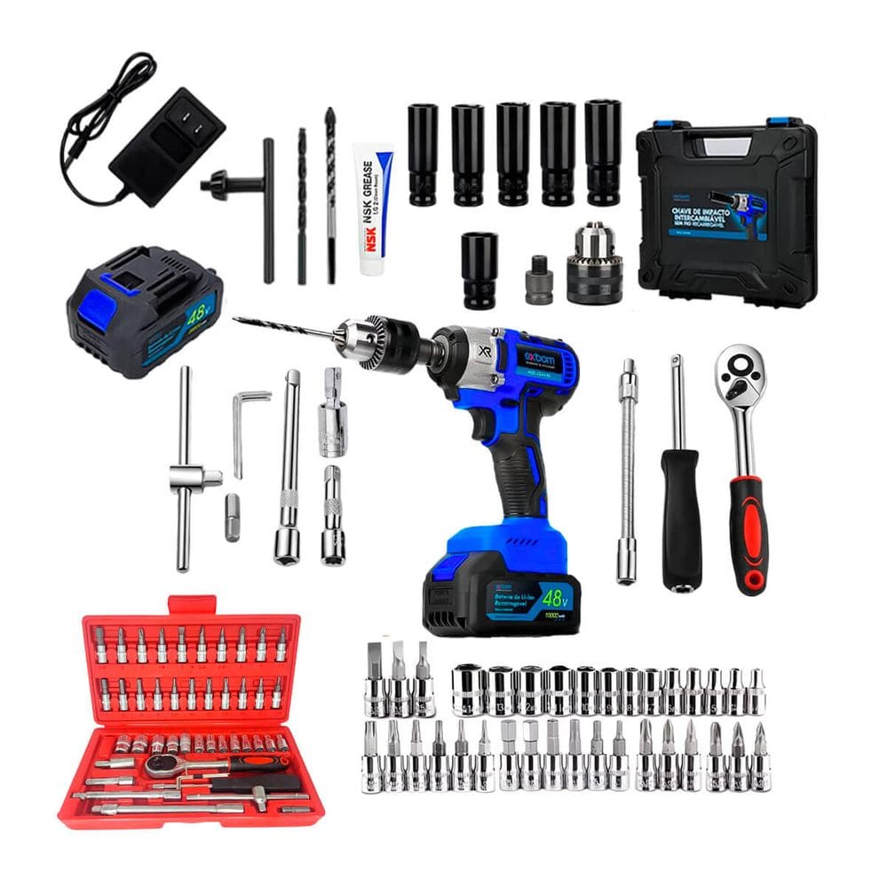 Kit Profissional de Ferramentas 46 Peças + Parafusadeira Furadeira Bivolt com 2 Baterias de Lítio 48V