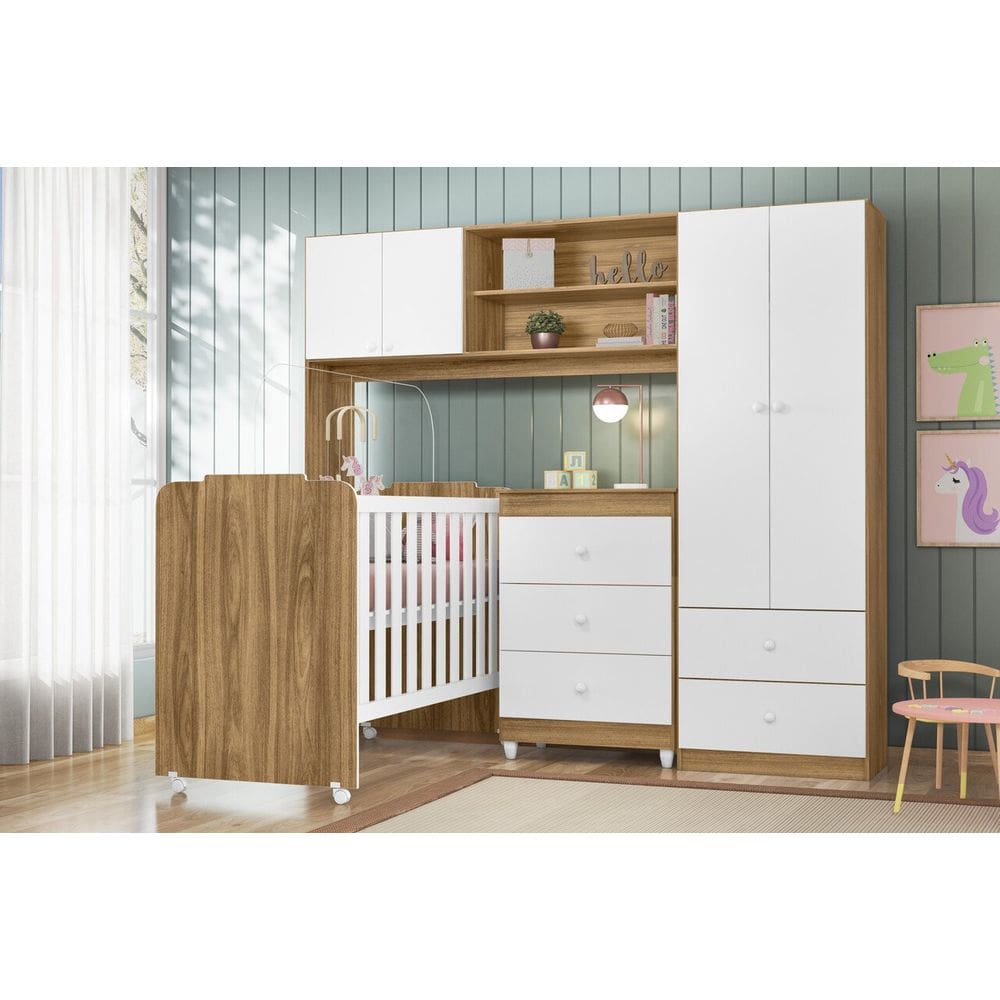 Jogo De Quarto Completo Infantil Bebê Guarda Roupa Conjugado 4 Portas 2 Gavetas 2 Nichos Cômoda 3 Gavetas Berço C/ Rodízios C/ Colchão Sophia