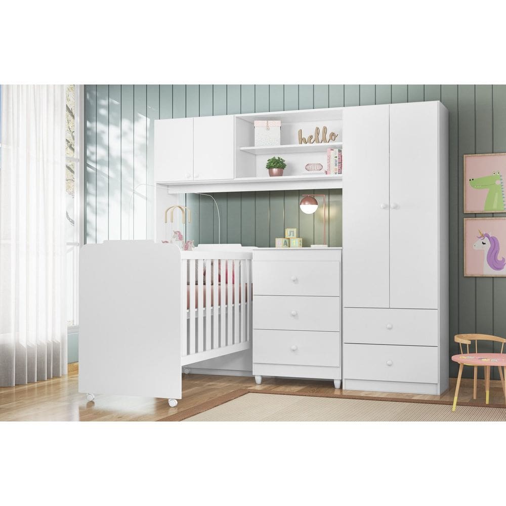 Jogo De Quarto Completo Infantil Bebê Guarda Roupa Conjugado 4 Portas 2 Gavetas 2 Nichos Cômoda 3 Gavetas Berço C/ Rodízios Sophia