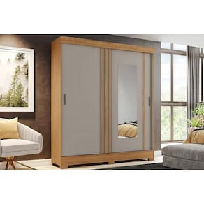 Guarda Roupa Casal 2 Portas de Correr (1 c/ Espelho) e 2 Gavetas Briz B353 Nature/Cinza/Off White - Henn
