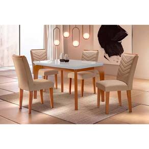 Sala de Jantar Completa Londrina Tampo Madeirado c/ Vidro Curvo 120x80cm e 4 Cadeiras Londrina Capuccino/Linho Bege Turim - Rufato