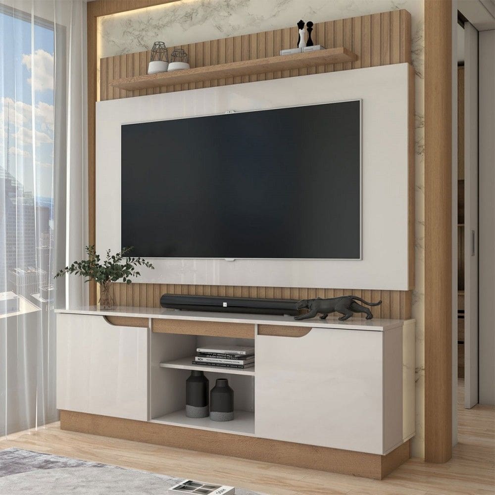 Estante para TV Até 70 Polegadas Albuquerque 2 Portas Ripado Flex Natural Off White/Canelato - Panorama Móveis