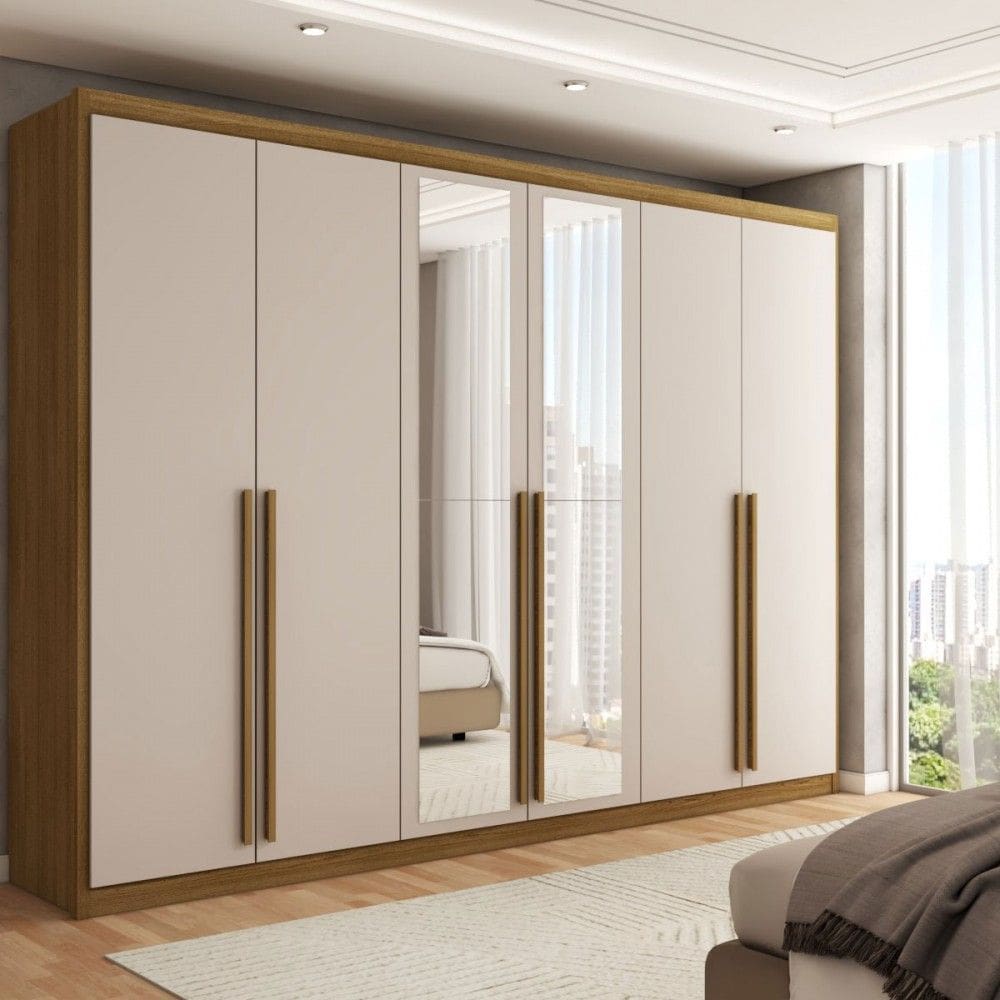 Guarda-Roupa Casal Córdoba 6 Portas 6 Gavetas 100% Mdf com Espelho Natural/Marrom Claro - Panorama Móveis