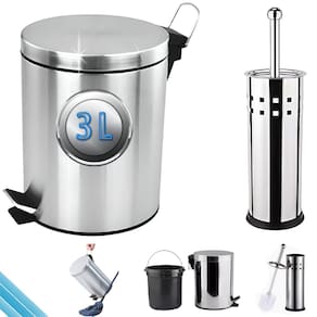 Lixeira Inox Com Alça Pedal 3 Litros + Escova Sanitária Inox Limpeza Vaso Privada