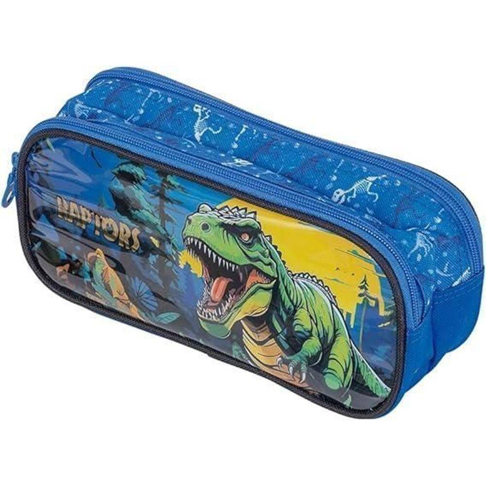 Estojo Escolar 2 Divisorias Dinossauro Raptors Azul