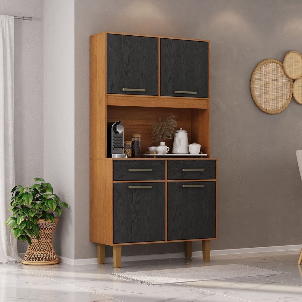 Kit Pop Plus - Armario para Cozinha Mdp 4 Portas 2 Gavetas Cinamomo / Preto Catedral