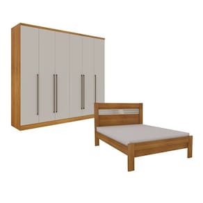 Quarto De Casal Guarda-Roupa 6 Portas Portugal E Cama Casal Safira Espresso Móveis Cinamomo/Off White